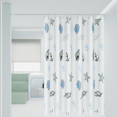 Rideau de douche 180x200cm, polyester imperméable – lavable en machine, Motif coquillage, 12 crochets inclus (1/5)
