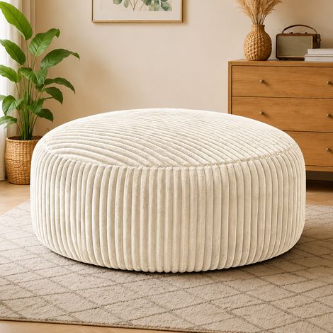 Poltrona pouf rotonda, imbottitura in memory foam granulare, rivestimento in corduroy, bianco (1/5)