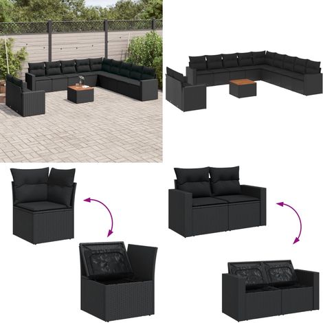 12-tlg. Garten-Sofagarnitur mit Kissen Schwarz Poly Rattan - Gartenmöbel Set - Esszimmergarnitur - Outdoor Möbel - Lounge Garnitur - Rattan Gartenmöbel - Home & Living (1/5)