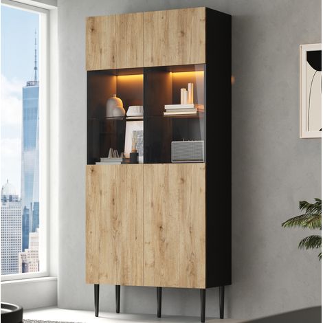 Vitrine haute 80x35x180 cm avec 10 compartiments, portes en verre, LED, MDF noir et bois naturel (1/5)