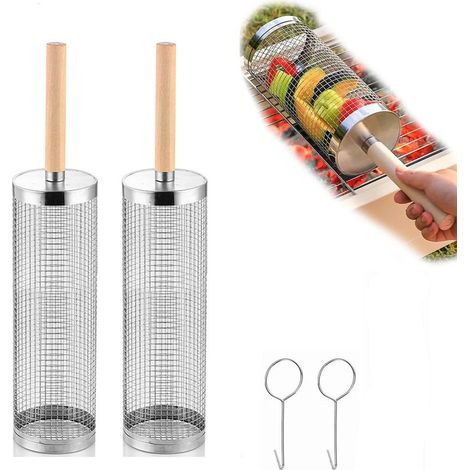 Lot de 2 paniers cylindriques pour barbecue en acier inoxydable – 45 × 9,5 cm – Poignées en bois amovibles et crochets – Pour légumes et pique-niques (1/5)