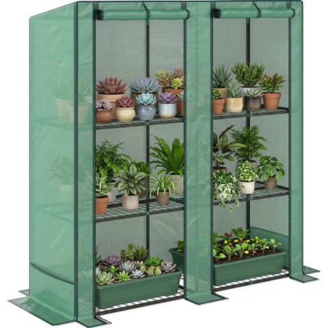 Serre de jardin avec étagères métalliques à 3 niveaux serre de balcon couverture PE toit incliné 144 x 48 x 152 cm vert (1/5)