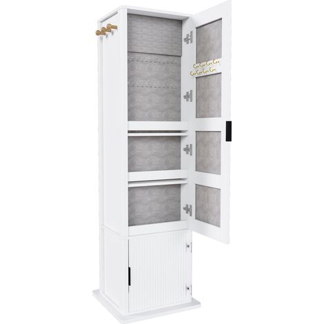 Armadio a specchio girevole 360° 4 in 1 con portagioie, ripiani e ganci, MDF bianco (1/5)