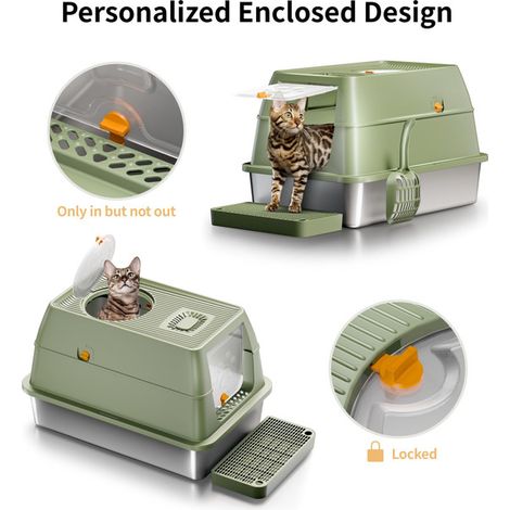 Maison de toilette pour chat en acier inoxydable grand bac à litière fermé anti-odeur et anti-fuite avec pelle et tapis litière pour grands chats (1/5)