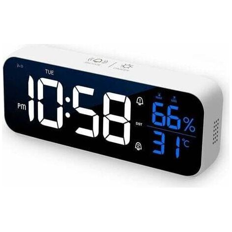 Reloj Digital con Alarma, Temp. y Control de Sonido, Blanco, 12/24h, USB Recargable, para Dormitorio y Oficina (1/3)