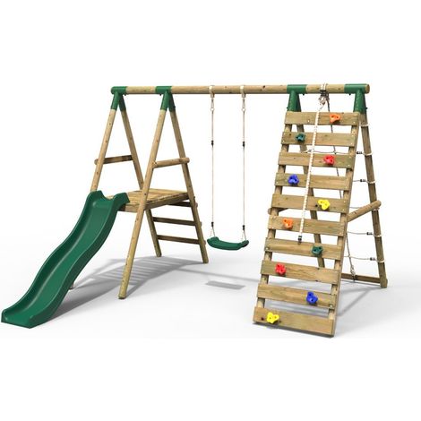 Rebo Wooden Swing Set with Deck and Slide plus Up and Over Climbing Wall - Amber Green (1/5)