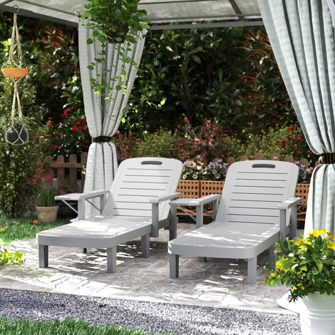 Ensemble 2 chaises longues jardin réglables table accoudoirs en polypropylène - Dimensions: 79x158x88 cm - Couleur: Gris clair