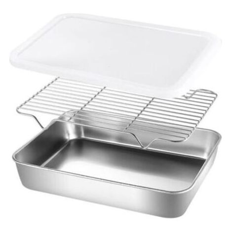 Plaque de cuisson en acier inoxydable avec grille pour four et plaque à biscuits (26 x 20 x 5 cm) (1/5)