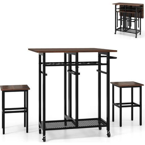 Set tavolo da pranzo 3 pezzi con ruote e portabottiglie da 6 posti, Tavolo da cucina estendibile con 2 sgabelli Marrone (1/4)