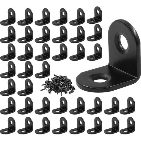 Escuadras en forma de L de acero inoxidable (40 unidades, ángulo recto de 90°), ideales para estantes, sillas y mesas. Tornillos incluidos. Color: Negro. (1/4)