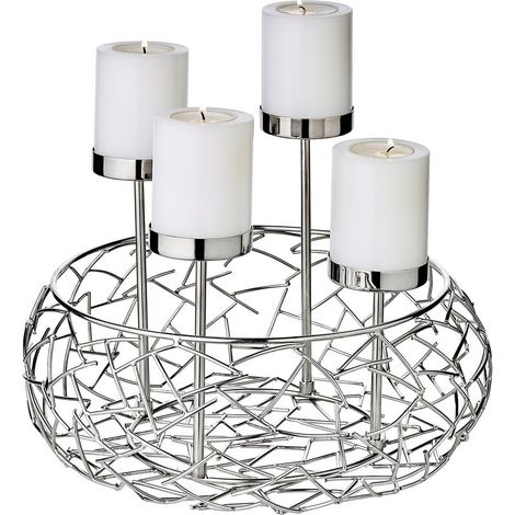 Couronne de l'Avent Bougeoir de Table pour 4 Bougies en Acier Inoxydable Argenté Ø 28 cm - PANGIVO (1/5)