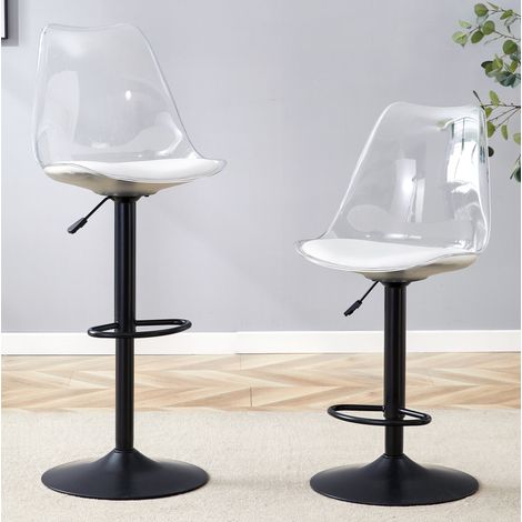 Lot de 2 tabourets de bar réglables en hauteur, pivotants 360°, dossier en plastique transparent, assise en cuir régénéré et piètement métal noir FLORAGRACE (1/5)