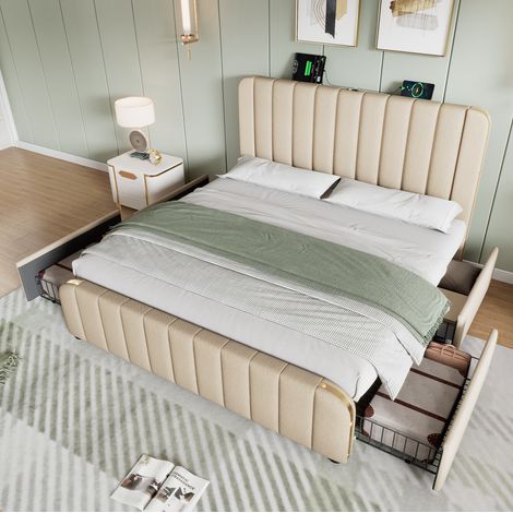Cama tapizada 160x200 cm beige en lino con 4 cajones, cabecero con carga USB y USB-C (1/5)
