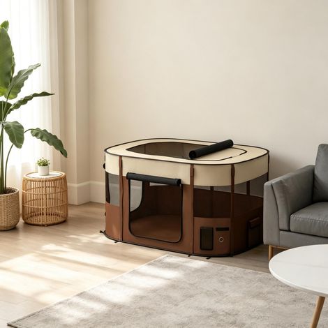 Enclos pliable pour animaux de compagnie, parc à chiots en tissu Oxford avec fenêtres, porte et sac de rangement (1/5)