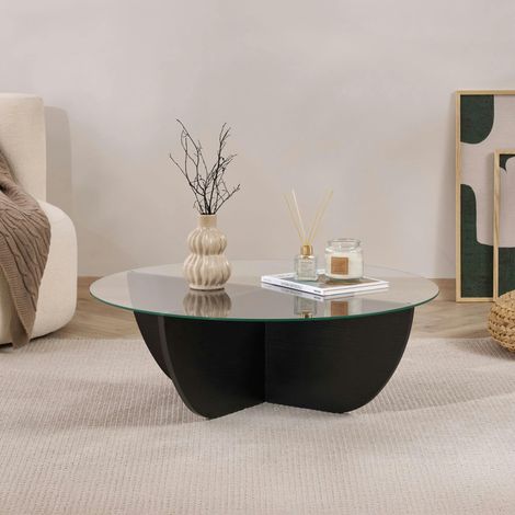 Table basse ronde en verre pied croisé effet bois noir SALTA