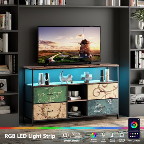 Meuble TV pour Téléviseur 60" avec LED, 4 Tiroirs Pliables en Tissu Et 4 Étagères, Meuble TV en Métal Et MDF, 137x30x78cm, Marron Vintage Et Multicolore