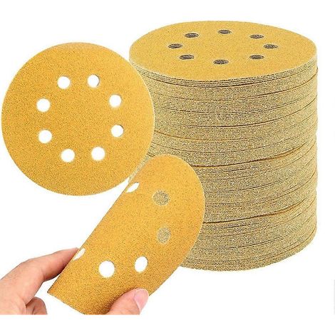 Feuilles de papier de verre à 8 trous de 5 pouces, 100 feuilles par paquet, 20 feuilles de chaque grain, disponibles en grains 60/80/100/120/150, compatibles avec les ponceuses à rails en bois, métal (1/5)