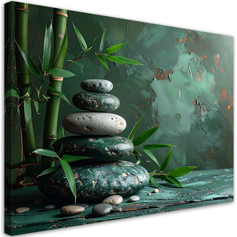 Tableau déco Pierres zen spa feuilles de bambou vertes 90x60 (1/4)