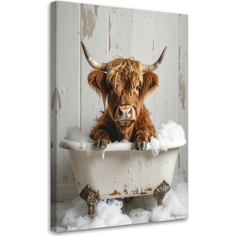 Tableau déco Vache écossaise assise dans une baignoire avec de la mousse 60x90 (1/4)
