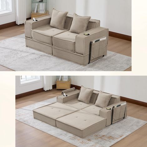 Ce canapé-lit deux places moderne est doté d'une assise confortable en tissu et de deux coussins. Un élégant repose-pieds décoratif avec rangement latéral et porte-gobelet le rend idéal pour les (1/5)
