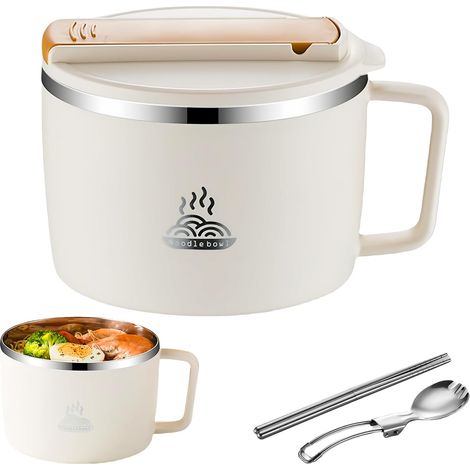 Schüssel: Klapplöffel und Essstäbchen, tragbare Nudeln, Edelstahl, auslaufsicher, sofort isolierend, 1300 ml