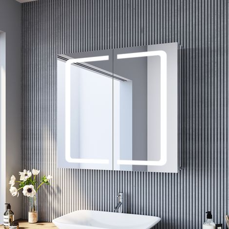 SONNI Spiegelschrank mit LED Beleuchtung 70x65cm Badspiegel Kippschalter Steckdose Edelstahl Kabelloses Scharnier Design (1/5)