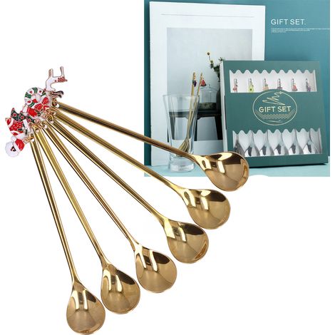 Ensemble de 6 cuillères de Noël en acier inoxydable, avec pendentif créatif, pour mélanger la glace et le café, couleur or. (1/5)