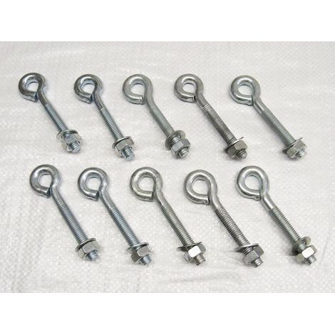 x10 M10 X 100MM Zinc Plated Folded Straining Eyebolts Nut & Washer - Wire Support Fencing Straining (1/2)
