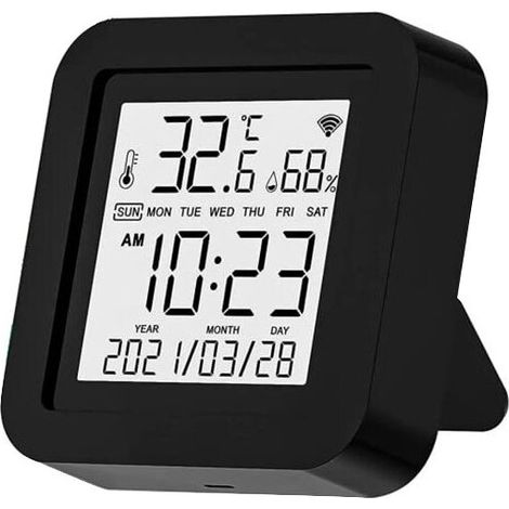Temperatur- und Feuchtigkeitssensor, WLAN-Fernbedienung für TV/Heimkino/Klimaanlage, LCD-Display, Tuya/Smart Life/Alexa/Google Assistant, 6,5 x 6,5 x 1,7 cm, schwarz (1/5)