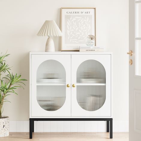 Buffet console en rotin moderne - portes vitrées, étagères réglables, bois