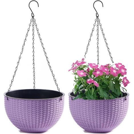 Set of 2 Hanging Flower Pots with Stainless Steel Chain, Indoor and Outdoor Balcony Hanging Flower Pots and Hanging Flower Pots(Caliber 21cm,Purple) (1/4)