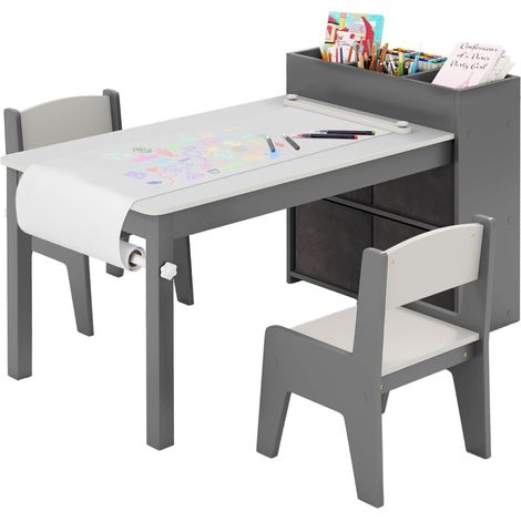 Conjunto de mesa y sillas infantiles 100 x 50,5 x 58 cm con práctico portarrollos en MDF gris 200017199
