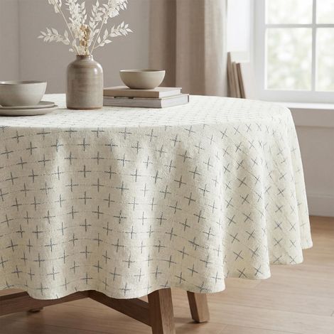 Nappe ronde 140 cm Blanc avec broderie en croix, lavable, polyester