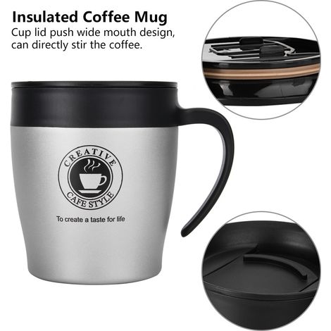 Mug isotherme en acier inoxydable avec poignée, couvercle et cuillère pour mélanger idéal pour le bureau et les voyages. (1/5)