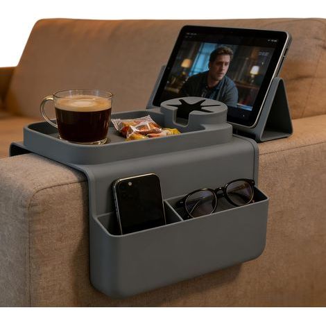 Sofatablett, rutschfester Silikon-Becherhalter für Sofaarmlehnen, Sofaarmlehnentablett mit zwei Seitentaschen und Becherhalter, faltbares Silikontablett für Sofas (1/5)