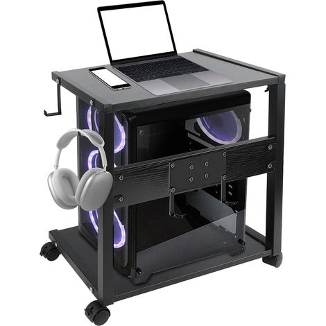PC-Tower-Ständer mit Rollen, Druckerschrank und PC-Gehäuse Höhenverstellbares Bodenregal mit 4 Haken fürs Büro (58,5-72 cm) (1/5)