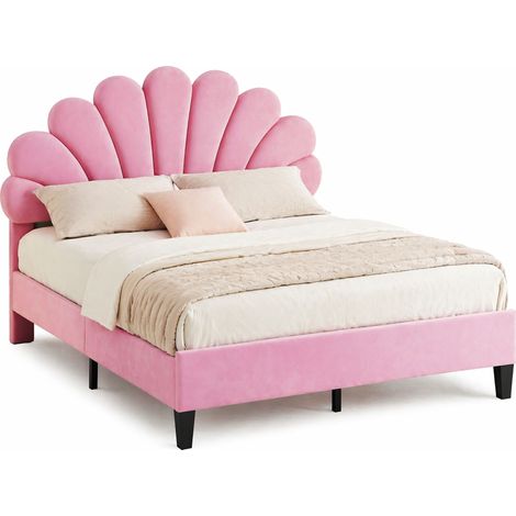 Letto Matrimoniale Imbottito 140 x 200 cm, Testiera Floreale, Struttura Imbottita, senza Materasso, Rosa (1/4)