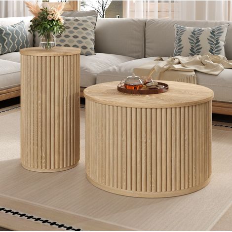 Tavolino basso rotondo doppio 60 x 60 x 38,5 cm + 30 x 30 x 56 cm in MDF naturale OKMYHOME (1/5)