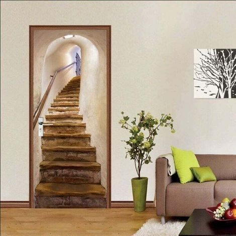 Stickers De Porte, 3D Intérieure Chambre Décoration Trompe l'oeil Vintage Sticker Muraux, Escaliers Adulte Enfant Salle Bain Poster 77 200Cm (1/5)