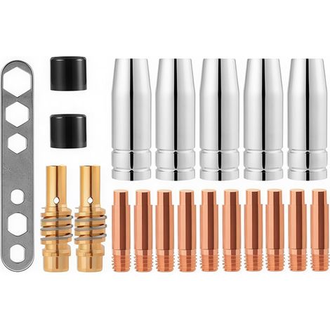 20 Pcs Embouts de Contact de Buse de Soudage 15AK MIG/MAG Ensemble de Support de Connecteur de Gaz M6 0,8x25mm (10 x Contact, 5 x Buse, 2 x Connecteur, 2 x Isolant, 1 x Outil) (1/5)
