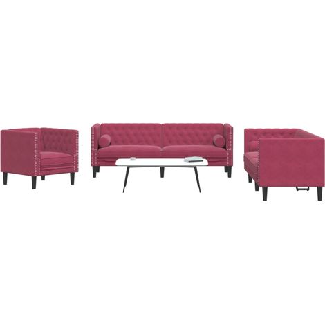 3-tlg. Chesterfield-Sofa-Set mit Nackenrollen Weinrot Samt