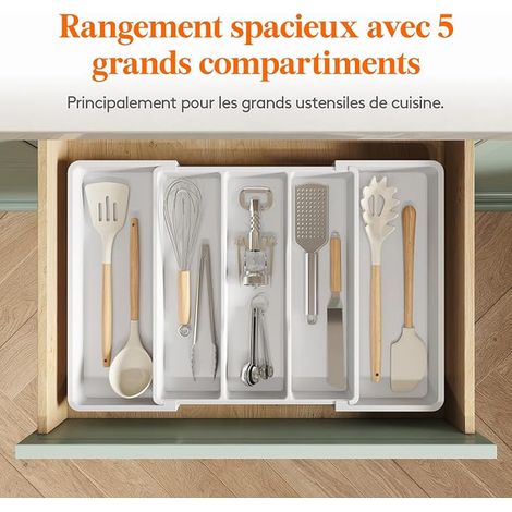Range Ustensiles pour Cuisine, Rangement Couverts, Organisateur de Tiroir, Support l'Argenterie, Couteaux et Outils, 38 cm de Profondeur, Extensible Jusqu'à 57 cm, Blanc (1/2)