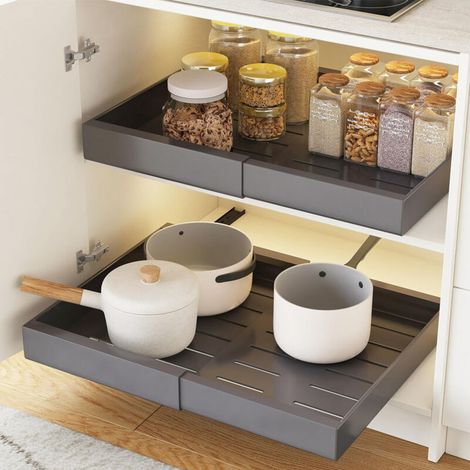 Tiroir Coulissant Cuisine Adhésif, Organisateur d'Armoire Extensible sans Perçage, Glissières à Billes en Acier au Carbone Silencieuses, Rangement Placard Réglable 32-52x42x7.5cm, Lot de 2 (1/4)