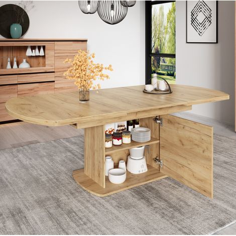 Mesa de comedor extensible ovalada (140/200x80x75 cm), con espacio de almacenaje, tablero de aglomerado color roble (1/5)
