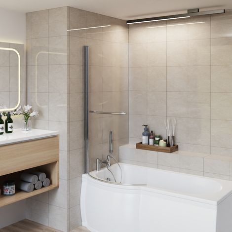 Aquariss 1400x785mm 6mm Curved Toughened Safety Glass Pivot Bath Screen Panel for P-Shaped Bath Chrome with Towel Rail (1/5)