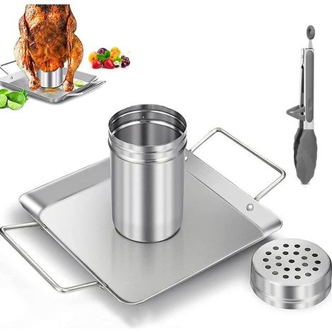 Support de poulet pour Cônette de bière pour barbecue, support de Rôtissoire de poulet barbecue en acier inoxydable avec lèchefrite Rôtissoire vertical de poulet à la bière pour barbecue ou fumeur-Fei (1/5)