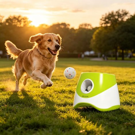 Lanzador automático de pelotas con 3 pelotas de ETPU, 3 distancias de lanzamiento ajustables de 6 m / 10 m / 14 m, lanzador de pelotas portátil para uso en interiores y exteriores. (1/5)