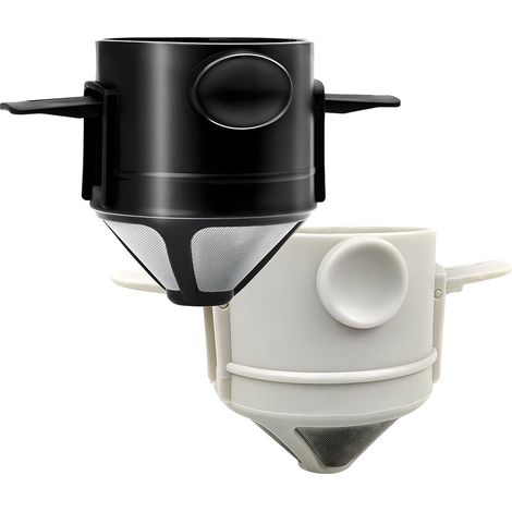 Lot de 2 filtres à café réutilisables et faciles à utiliser en acier inoxydable. Filtres permanents à double filtration. Noir et blanc. Idéaux pour le camping, la maison, le bureau et les voyages. Dur (1/5)