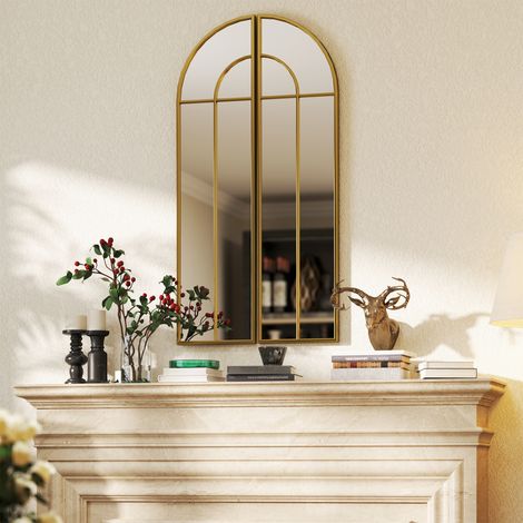 Miroir mural arc 30 x 120 cm. grand miroir décoratif avec cadre métallique. pour salon. chambre. couloir. ton doré