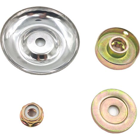 Kit d'accessoires 4 pièces pour tête de coupe-bordures et débroussailleuse : écrou à filetage inversé, plaques de serrage supérieure et inférieure, capot de protection pour la tête de coupe.